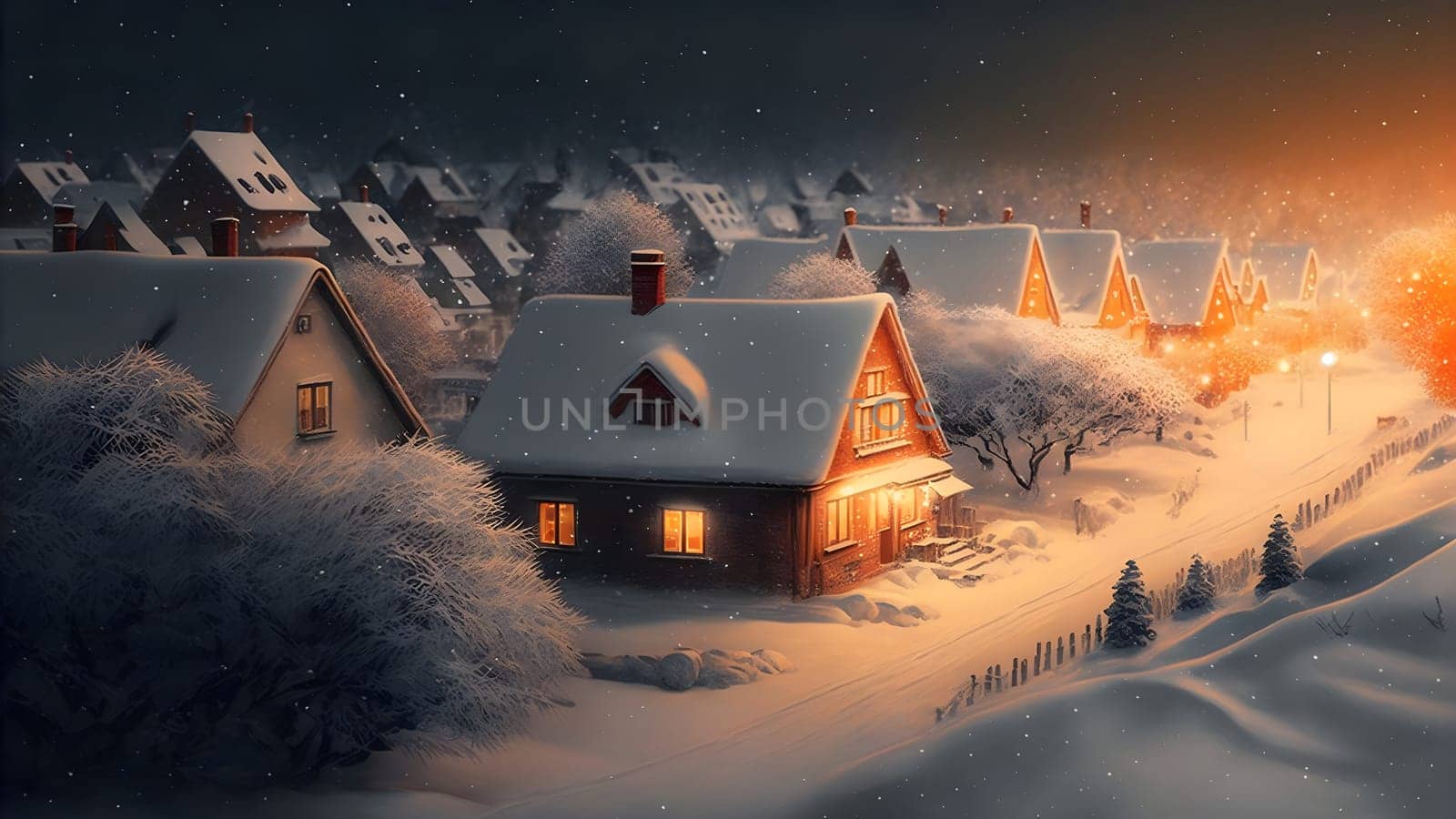 village covered in heavy snow under the light of orange street lights, neural network generated art. Digitally generated image. Not based on any actual scene.