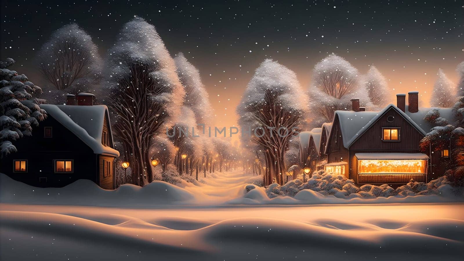 village covered in heavy snow under the light of orange street lights, neural network generated art. Digitally generated image. Not based on any actual scene.