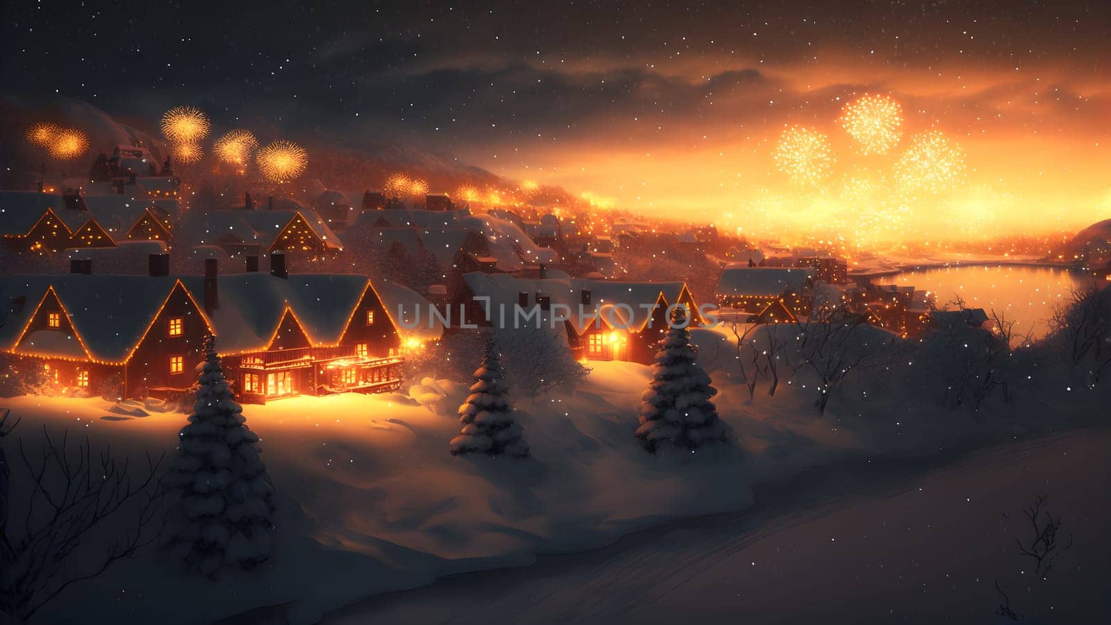 village covered in heavy snow under the light of orange street lights with fireworks, neural network generated art. Digitally generated image. Not based on any actual scene.