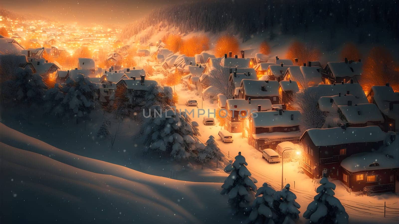 village covered in heavy snow under the light of orange street lights, neural network generated art. Digitally generated image. Not based on any actual scene.
