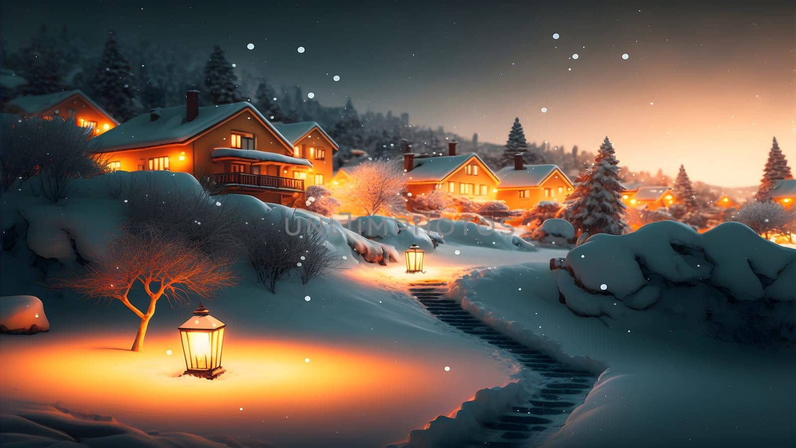 village covered in heavy snow under the light of orange street lights, neural network generated art. Digitally generated image. Not based on any actual scene.