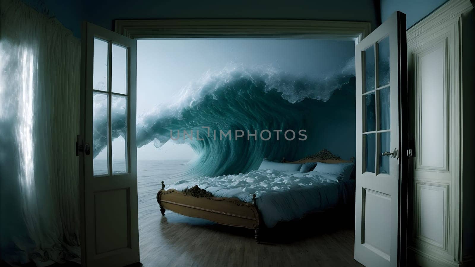 generic empty bedroom with white double bed with ocean wave is about to cover it, neural network generated art. Digitally generated image. Not based on any actual scene.