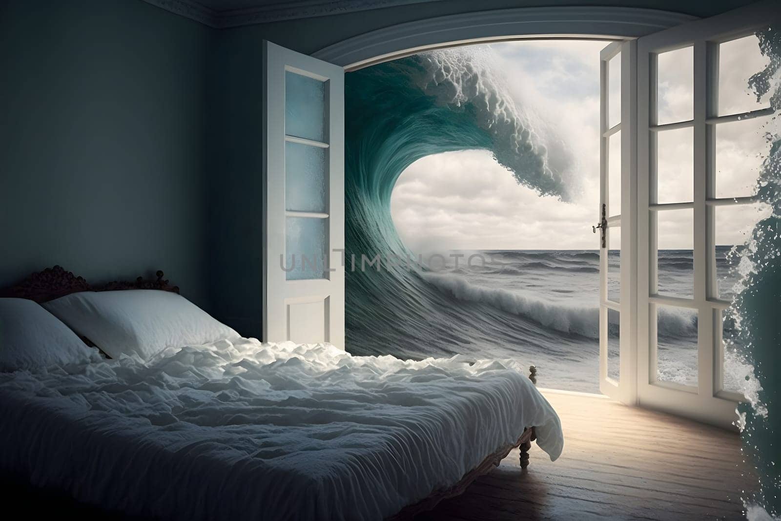 generic empty bedroom with white double bed with ocean wave is about to cover it, neural network generated art. Digitally generated image. Not based on any actual scene.