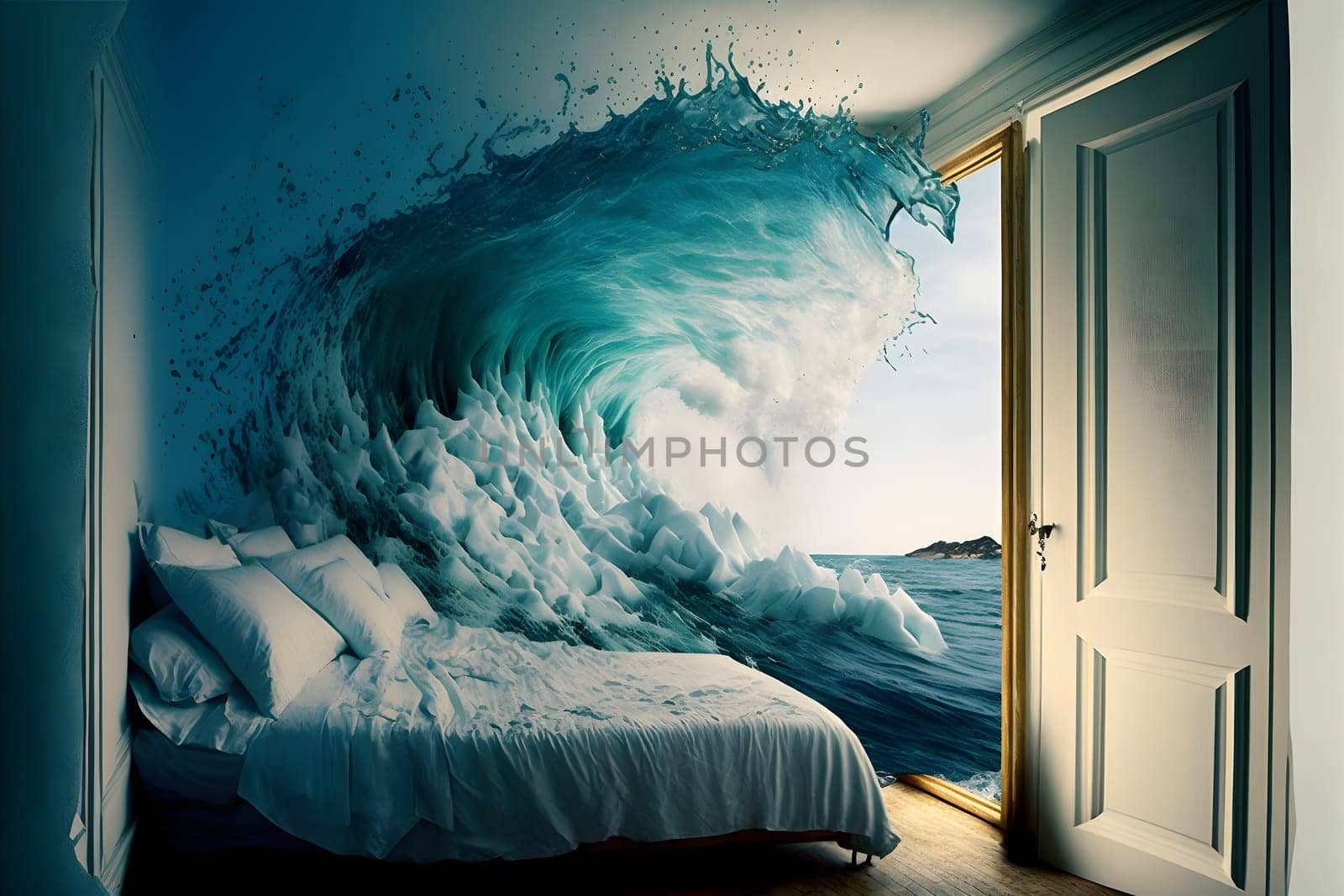 generic empty bedroom with white double bed with ocean wave is about to cover it, neural network generated art. Digitally generated image. Not based on any actual scene.