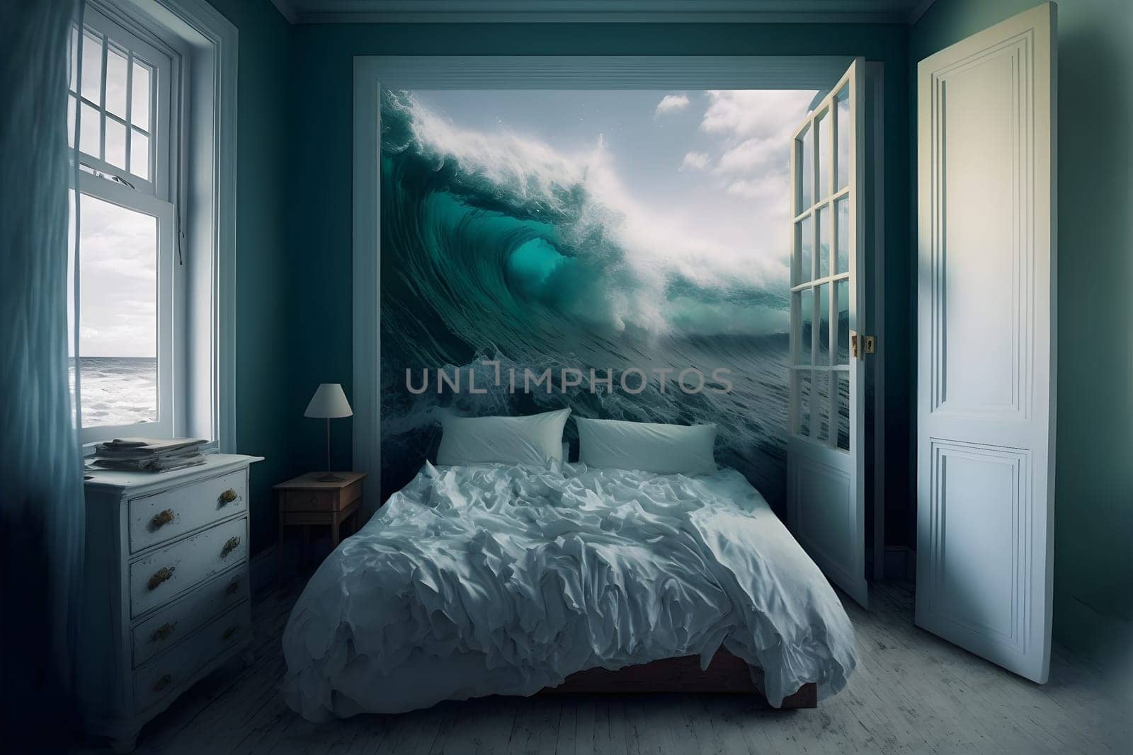 generic empty bedroom with white double bed with ocean wave is about to cover it, neural network generated art. Digitally generated image. Not based on any actual scene.