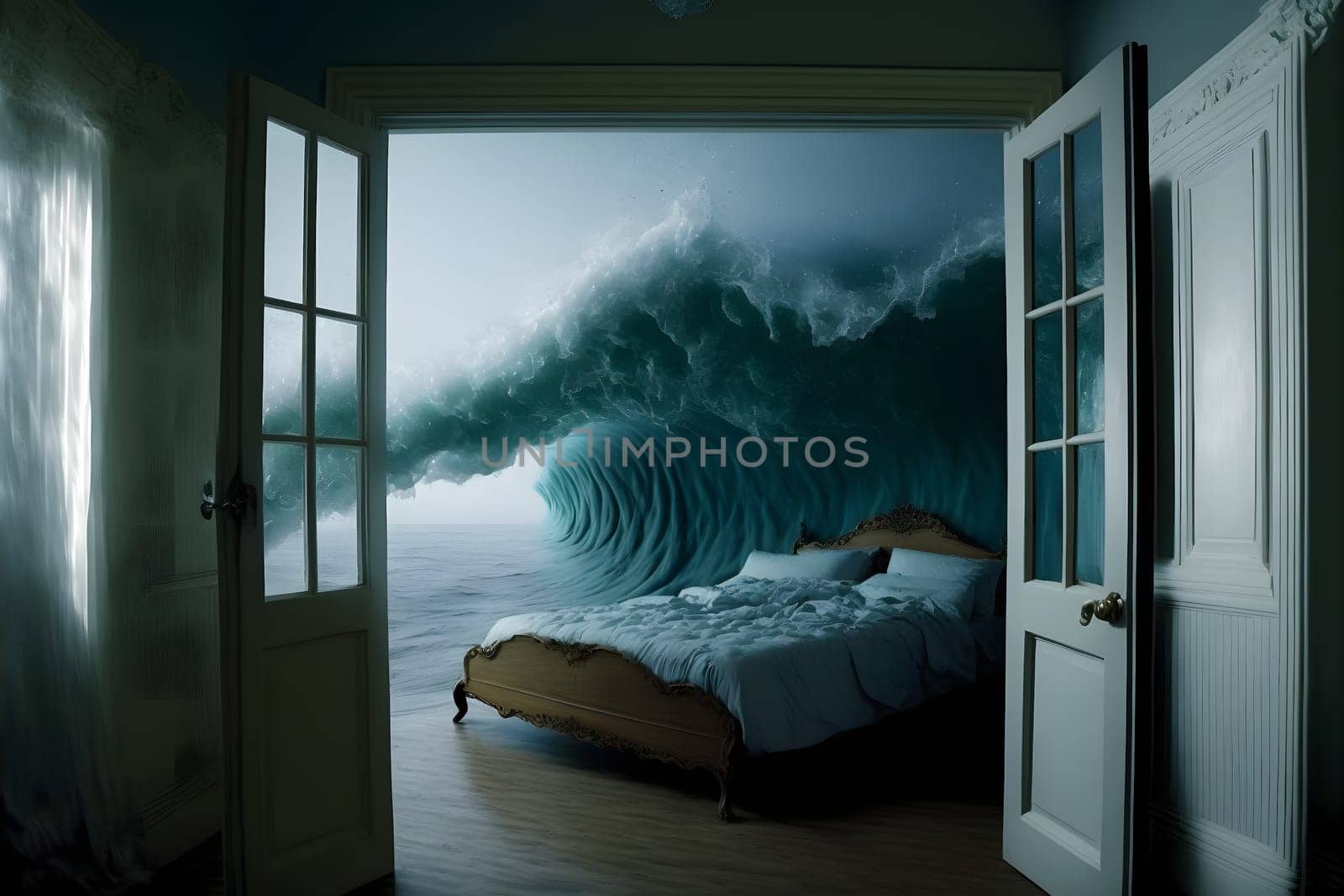 generic empty bedroom with white double bed with ocean wave is about to cover it, neural network generated art. Digitally generated image. Not based on any actual scene.