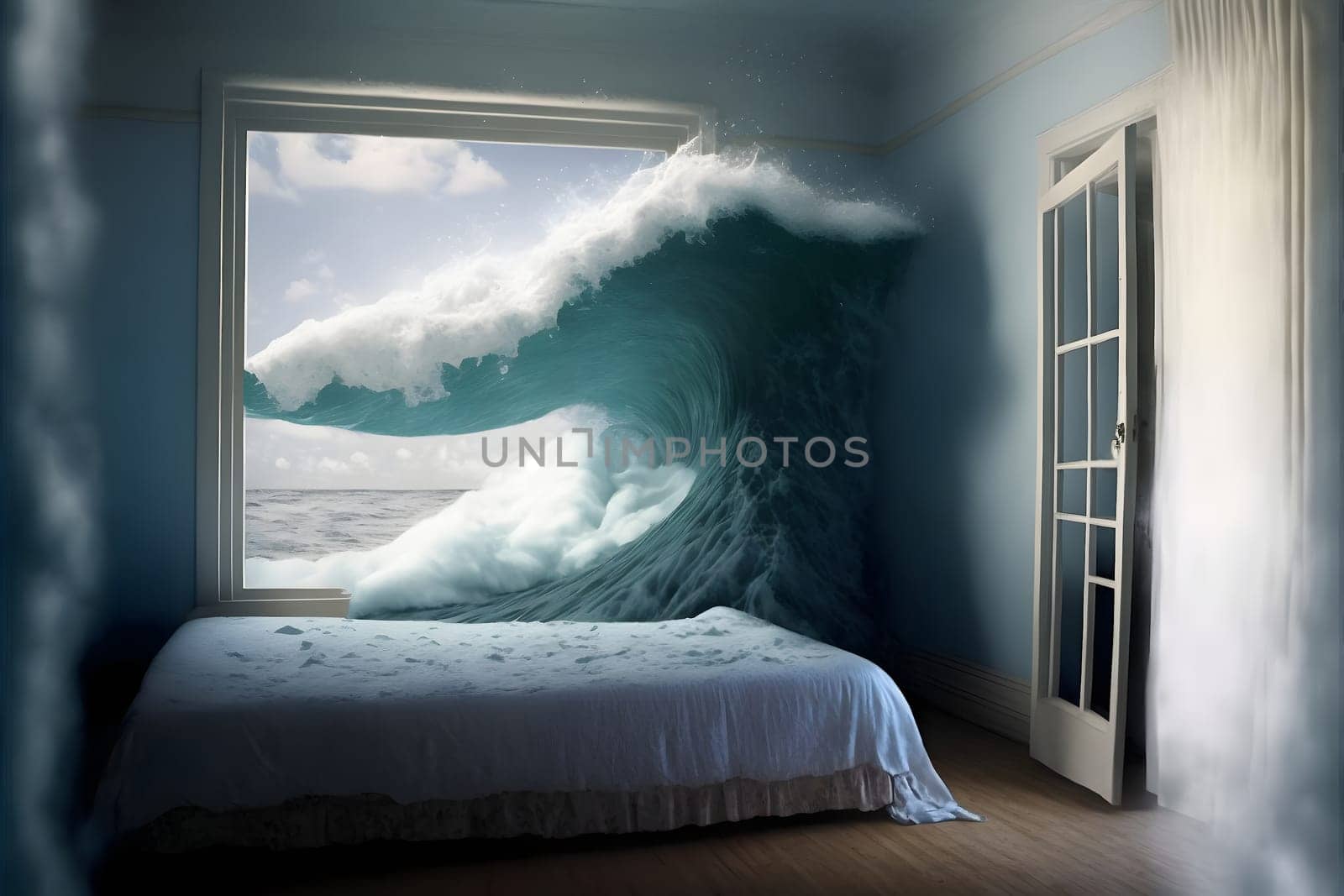 generic empty bedroom with white double bed with ocean wave is about to cover it, neural network generated art. Digitally generated image. Not based on any actual scene.