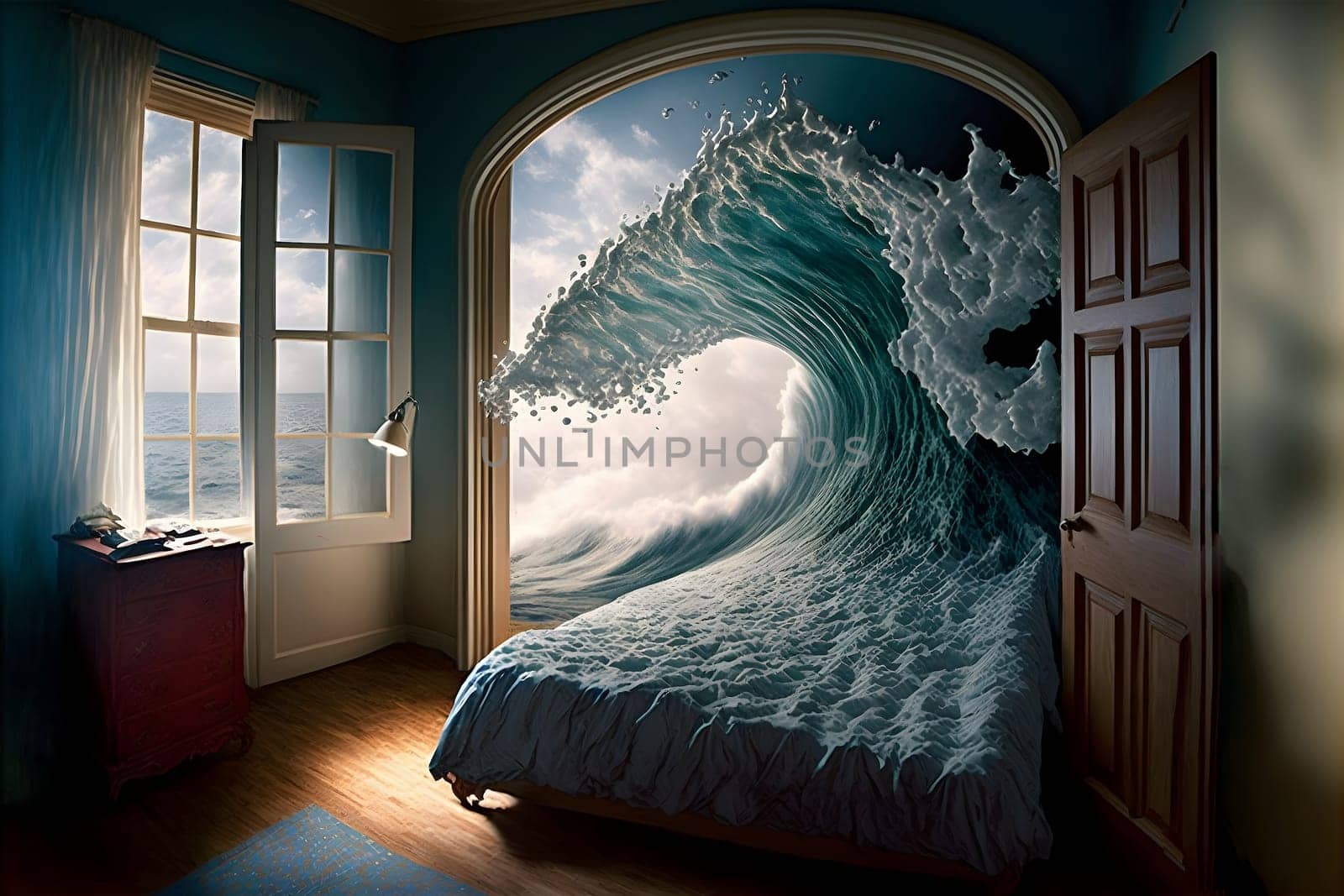 generic empty bedroom with white double bed with ocean wave is about to cover it, neural network generated art by z1b