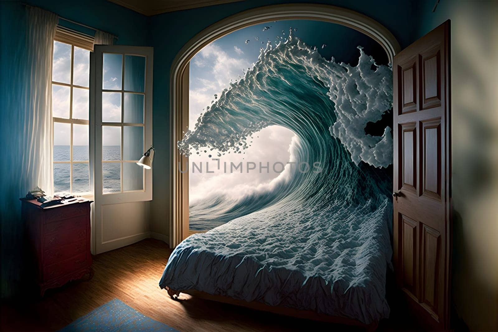 generic empty bedroom with white double bed with ocean wave is about to cover it, neural network generated art. Digitally generated image. Not based on any actual scene.