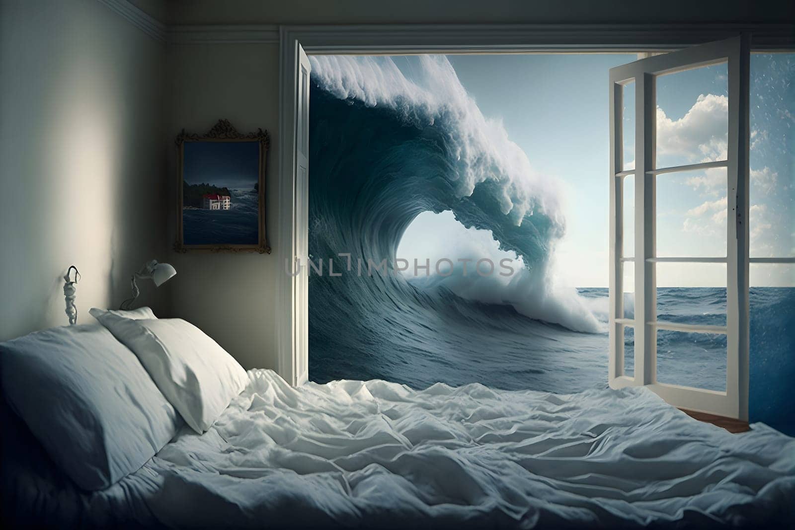 generic empty bedroom with white double bed with ocean wave is about to cover it, neural network generated art. Digitally generated image. Not based on any actual scene.