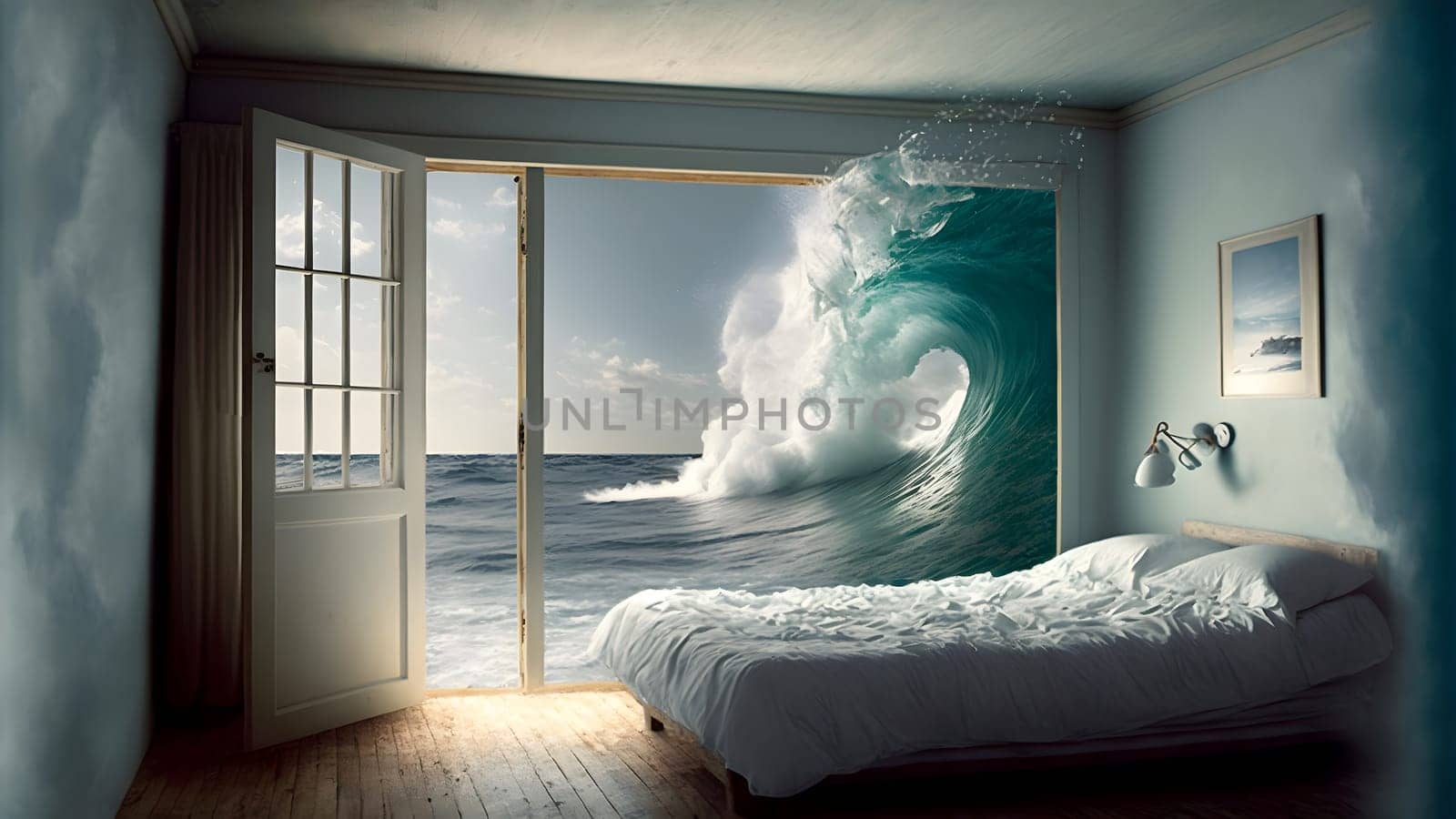 generic empty bedroom with white double bed with ocean wave is about to cover it, neural network generated art by z1b