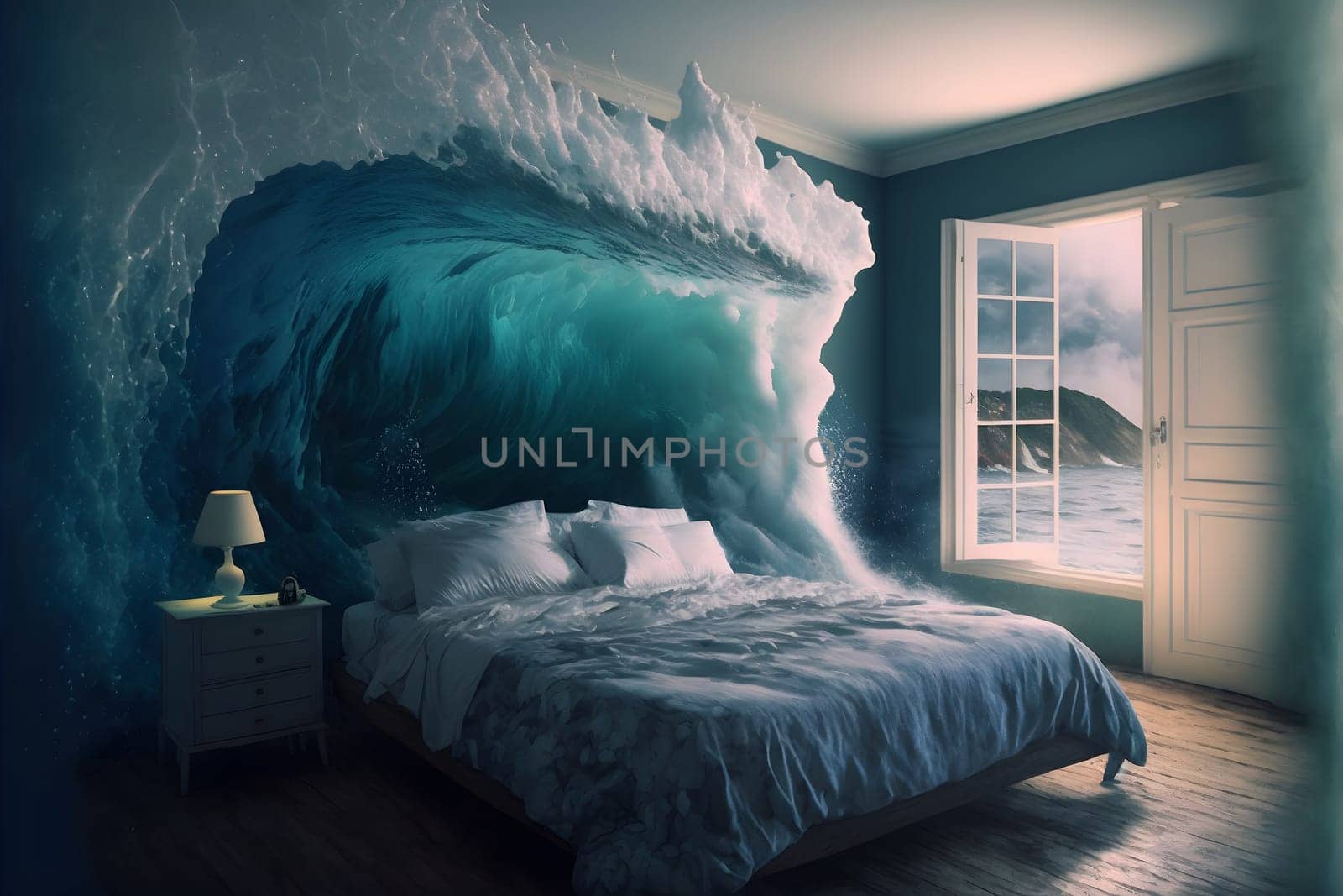 generic empty bedroom with white double bed with ocean wave is about to cover it, neural network generated art by z1b