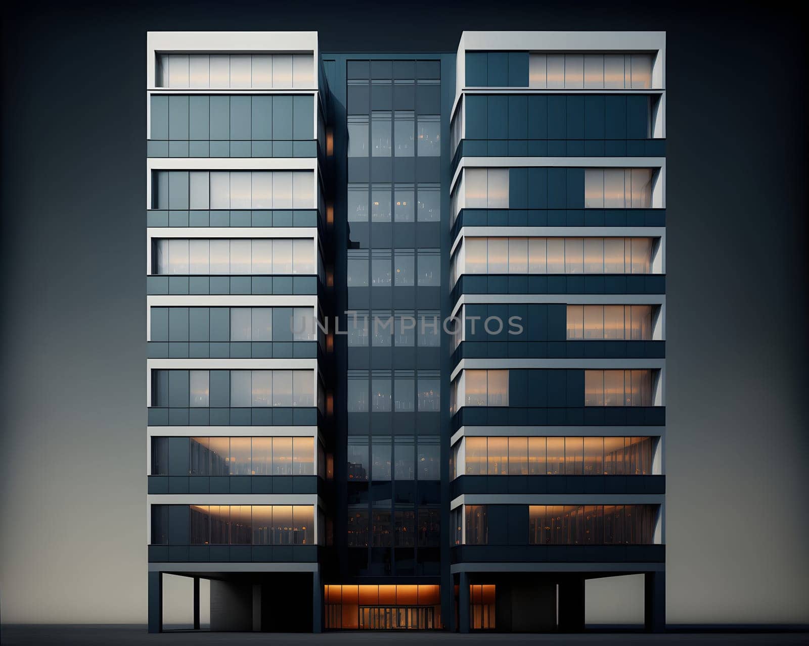 Contemporary apartment building, modern architecture, retail base with large windows, neural network generated art. Digitally generated image. Not based on any actual person, scene or pattern.