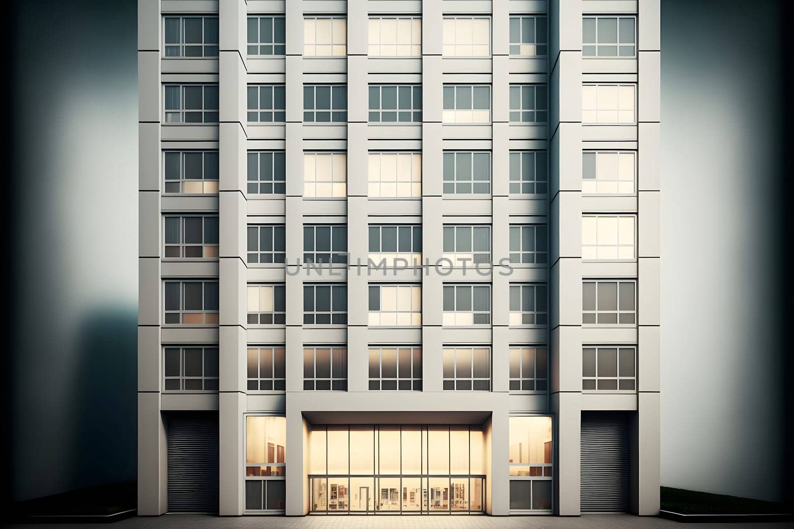 Contemporary apartment building, modern architecture, retail base with large windows, neural network generated art. Digitally generated image. Not based on any actual person, scene or pattern.