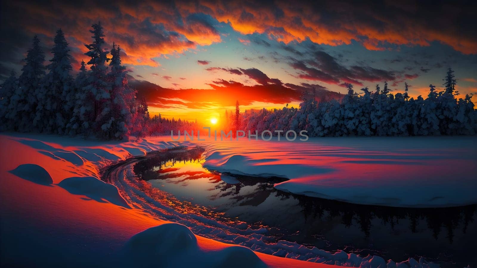 winter sunset landscape with vivid colors snow, trees and far mountains, neural network generated art. Digitally generated image. Not based on any actual person, scene or pattern.
