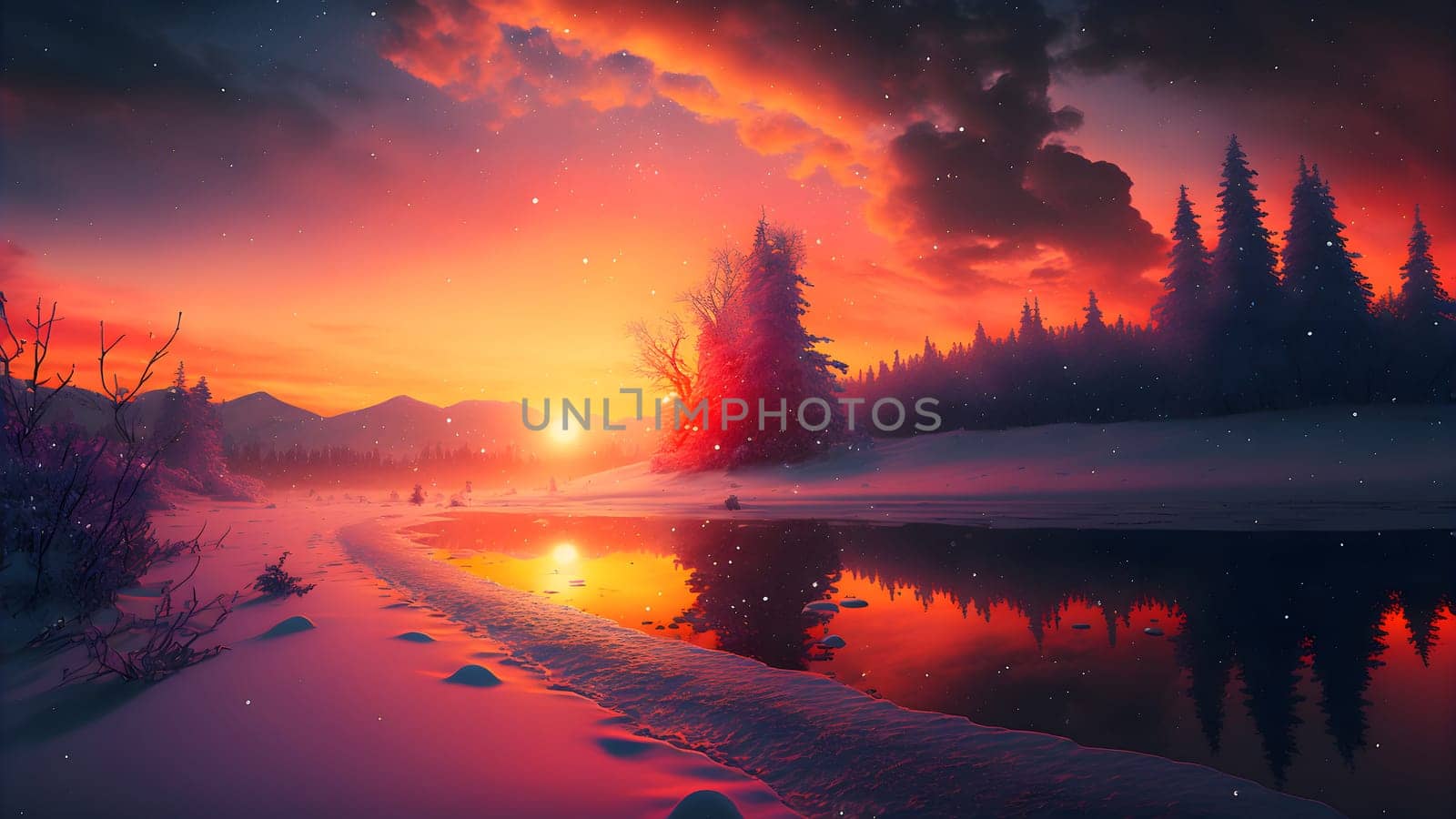 winter sunset landscape with vivid colors snow, trees and far mountains, neural network generated art. Digitally generated image. Not based on any actual person, scene or pattern.