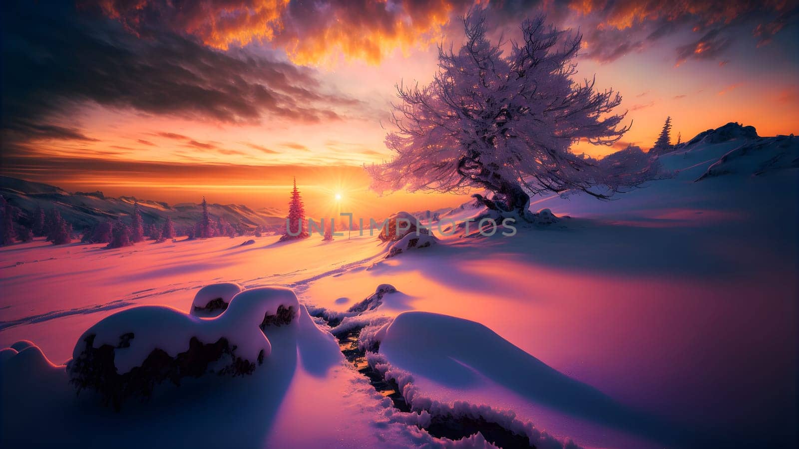 winter sunset landscape with vivid colors snow, trees and far mountains, neural network generated art. Digitally generated image. Not based on any actual person, scene or pattern.