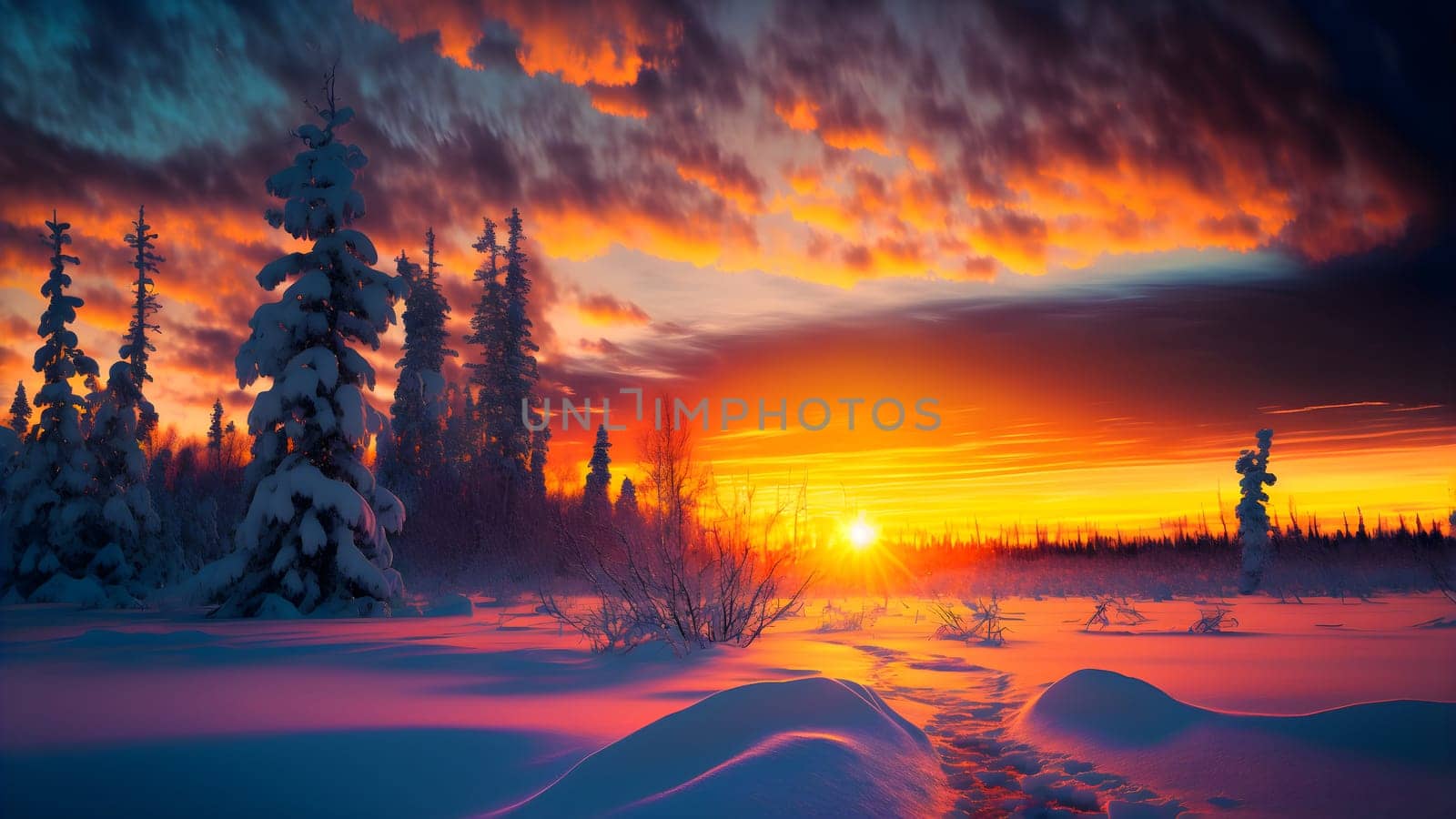 winter sunset landscape with vivid colors snow, trees and far mountains, neural network generated art. Digitally generated image. Not based on any actual person, scene or pattern.
