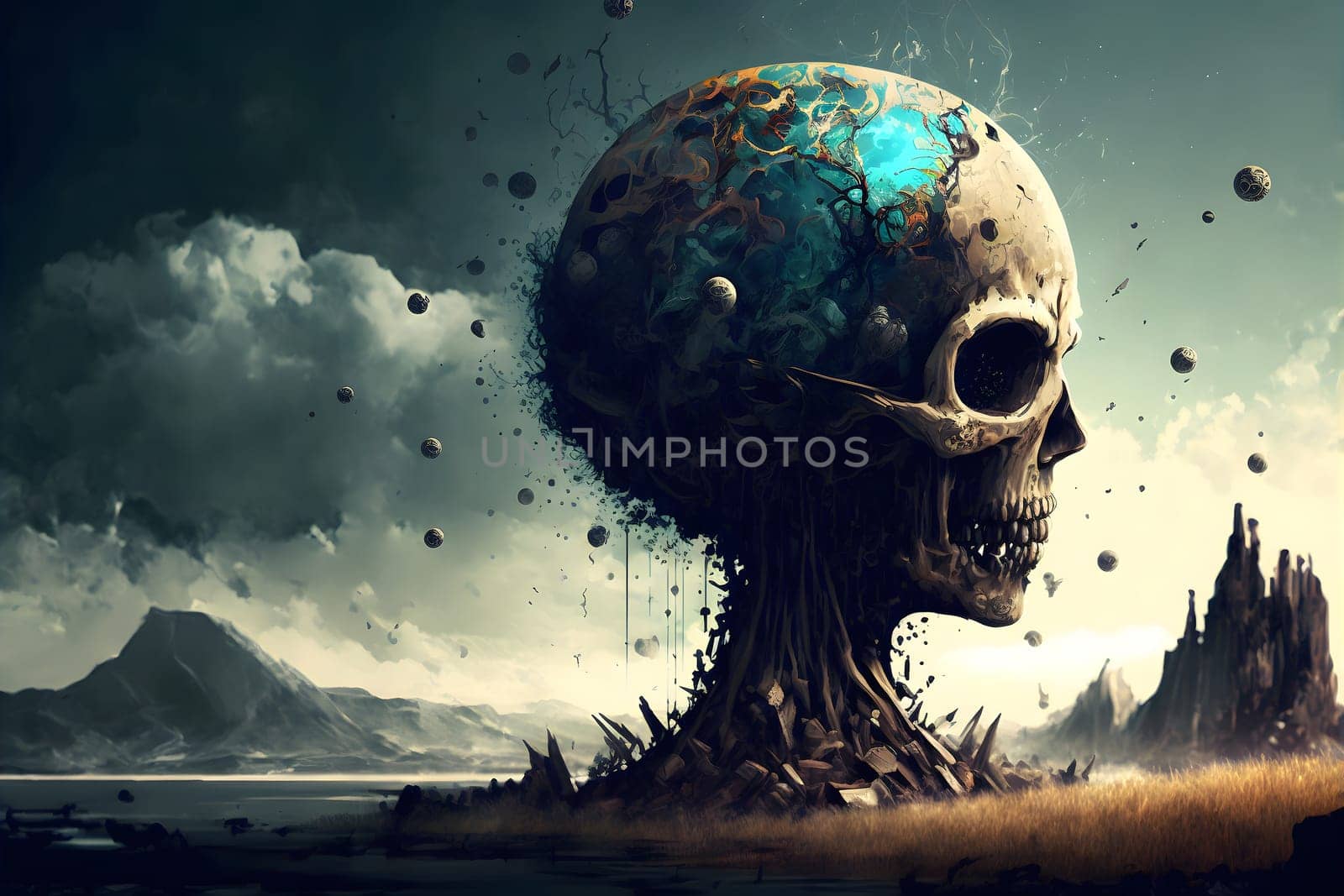 fantastic fantasy landscape with giant human head scull, neural network generated art. Digitally generated image. Not based on any actual person, scene or pattern.