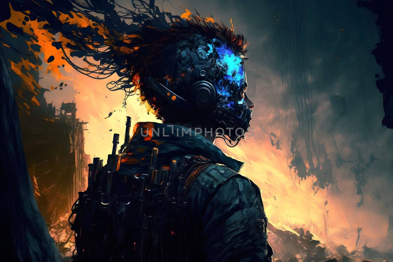 dreamy fantastic sci fi post apocalyptic character blended technology and biology, neural network generated art. Digitally generated image. Not based on any actual person, scene or pattern.