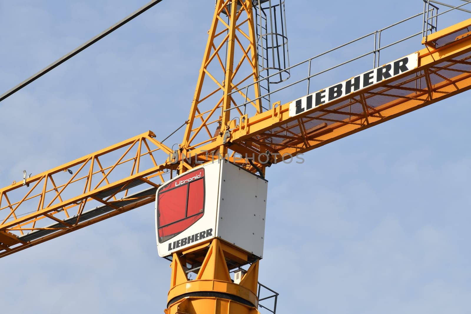 Moscow, Russia - Oct 11.2023. Cabin and part of liebherr crane boom