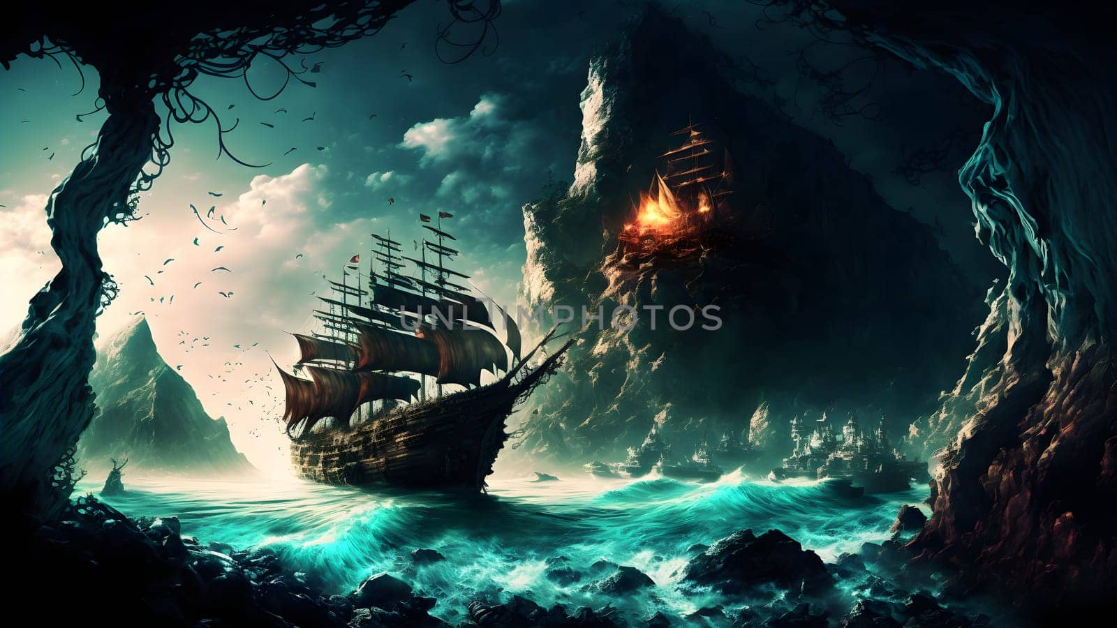 fantastic wallpaper of wooden galeon in dark harbor near burning shipwreck on rocks, neural network generated art. Digitally generated image. Not based on any actual person, scene or pattern.