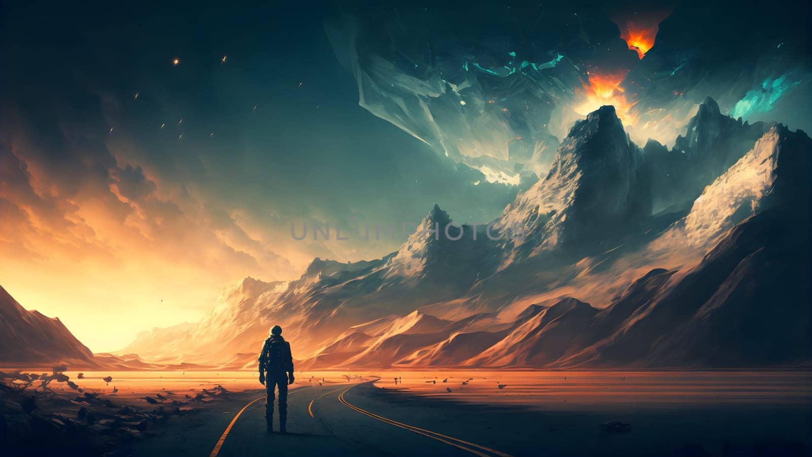 extra terrestrial wallpaper art with human figure on road faced toward rocky landscape, neural network generated art. Digitally generated. Not based on any actual person or scene.