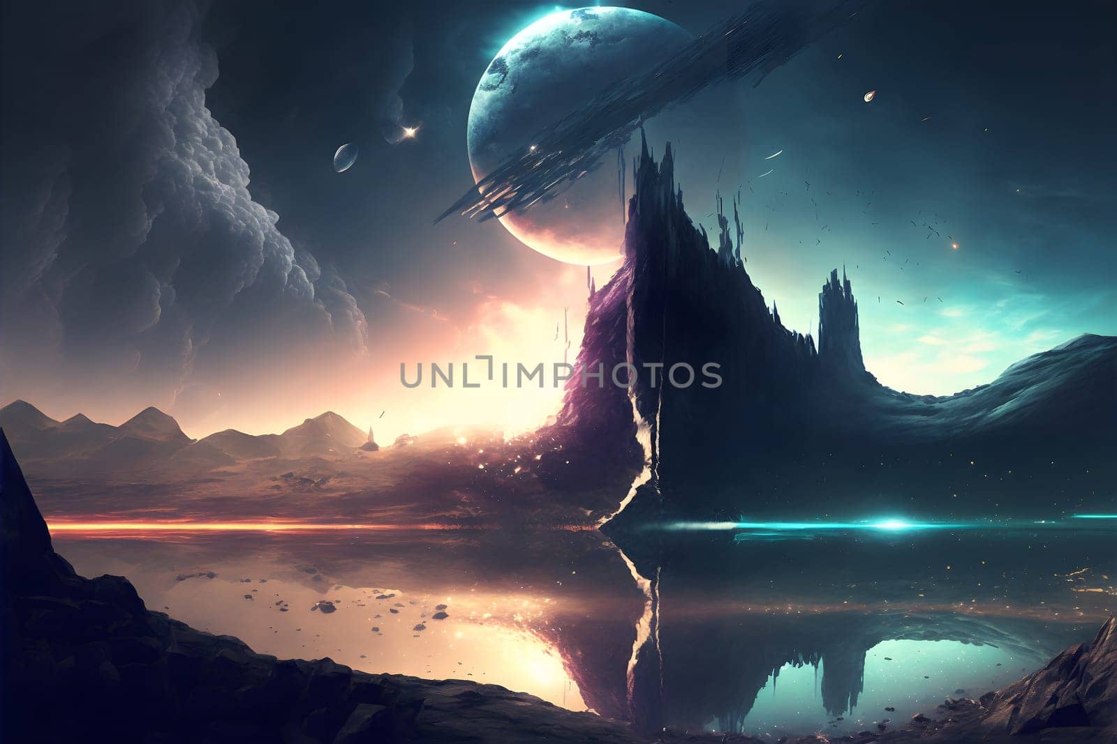 extraterrestrial wallpaper art with rocky lake and large planet in the sky, neural network generated art. Generative AI. Not based on any actual person or scene.