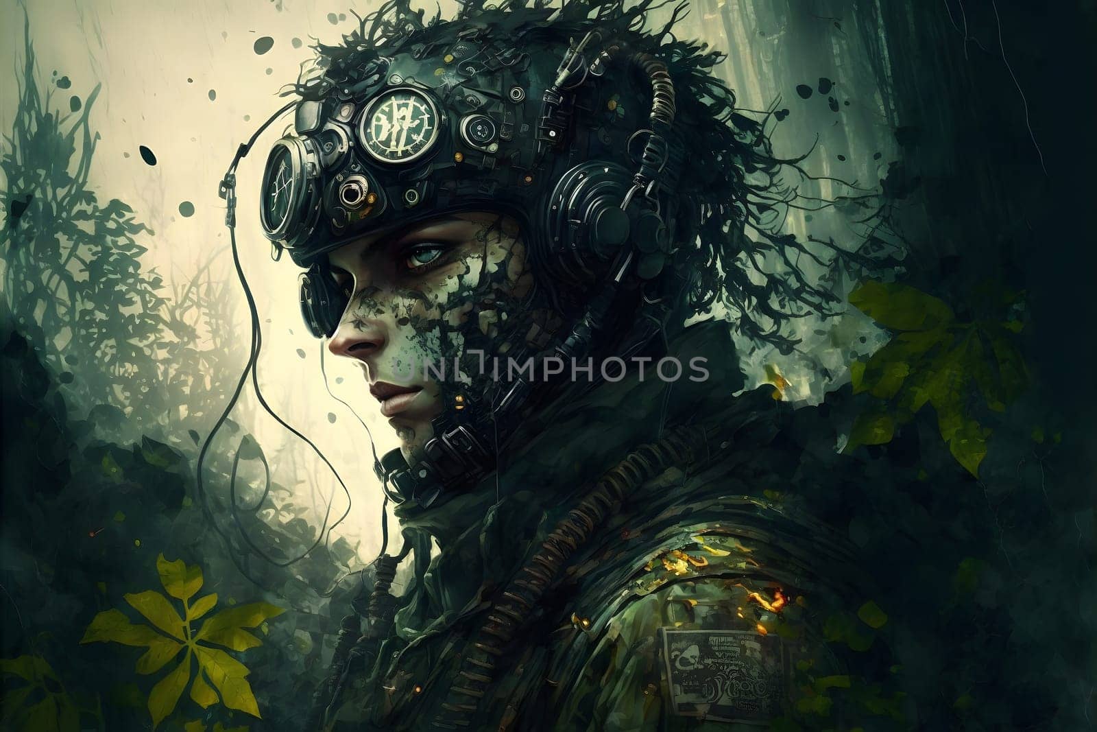 fantastic steampunk non-existent soldier woman in misty forest - close portrait, neural network generated art. Digitally generated image. Not based on any actual person, scene or pattern.