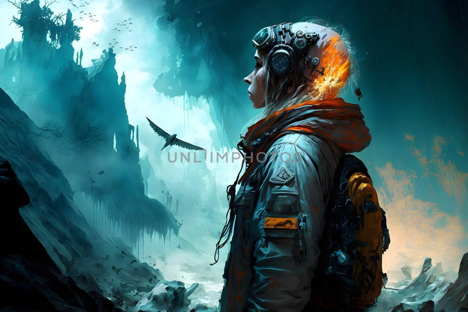 fantastic non-existent steampunk pilot woman in rocky landscape, neural network generated art. Digitally generated image. Not based on any actual person, scene or pattern.