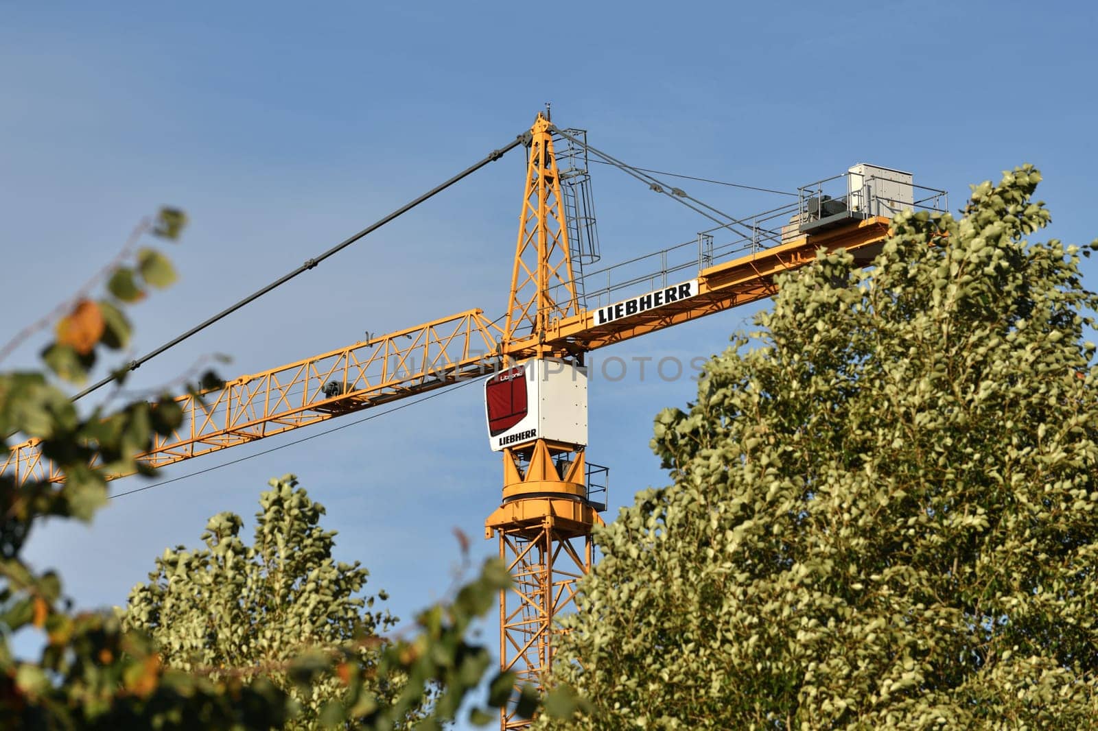 Moscow, Russia - Oct 11.2023. Fragment of Liebherr crane behind the trees by olgavolodina