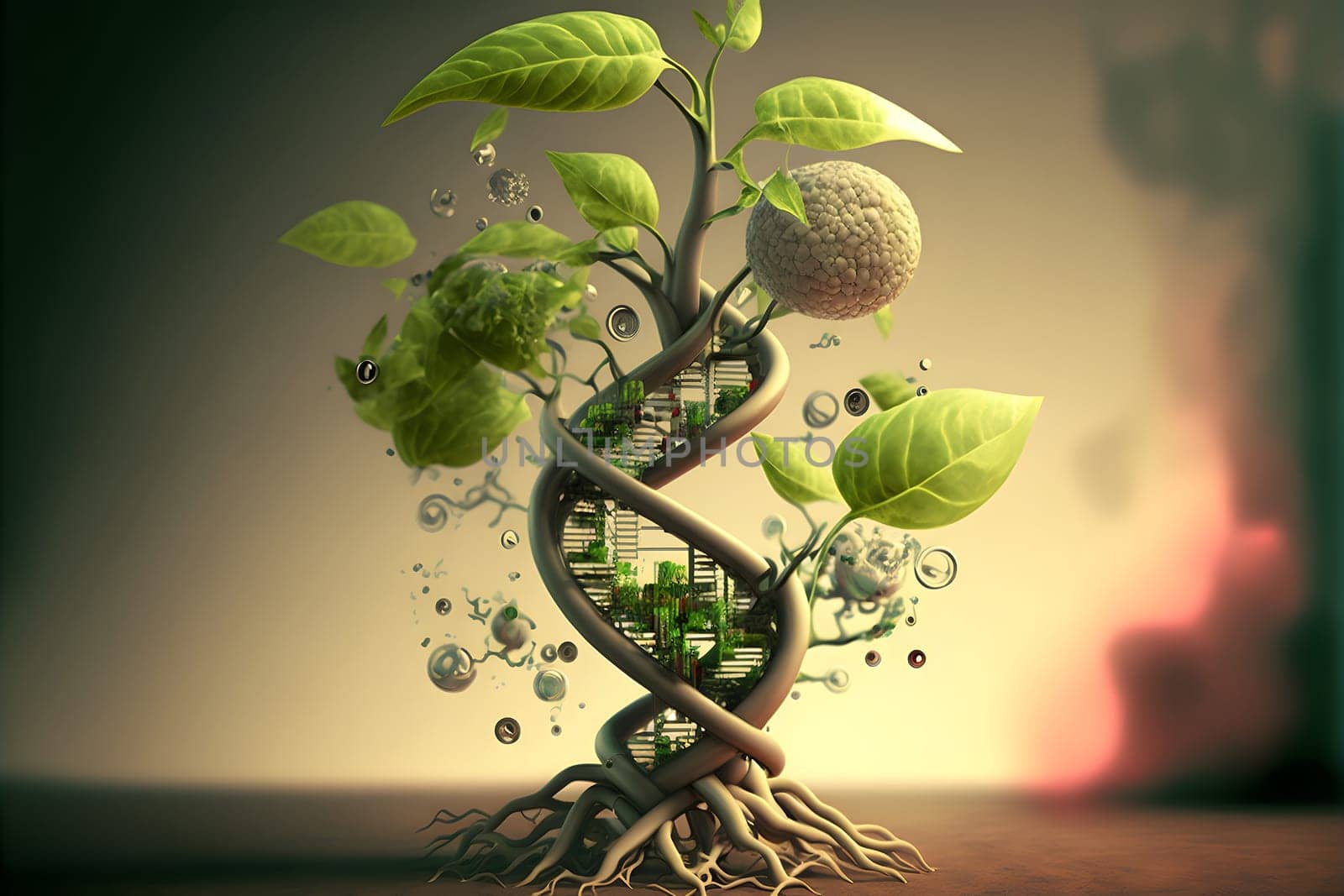 biotechnology concept - green vegetable sprout with DNA spiral around, neural network generated art. Digitally generated image. Not based on any actual person, scene or pattern.