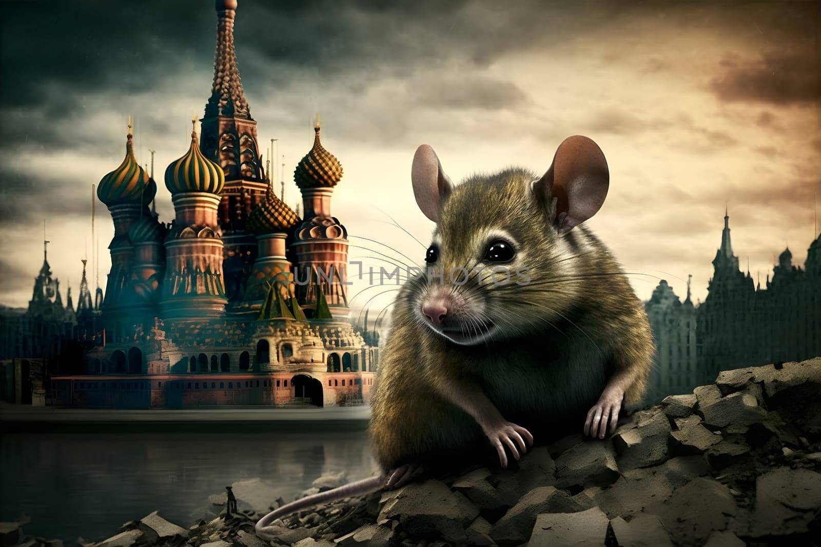 grey rat on pile of debris with church similar to Saint Basils Cathedral in the background, neural network generated art. Digitally generated image. Not based on any actual person, scene or pattern.