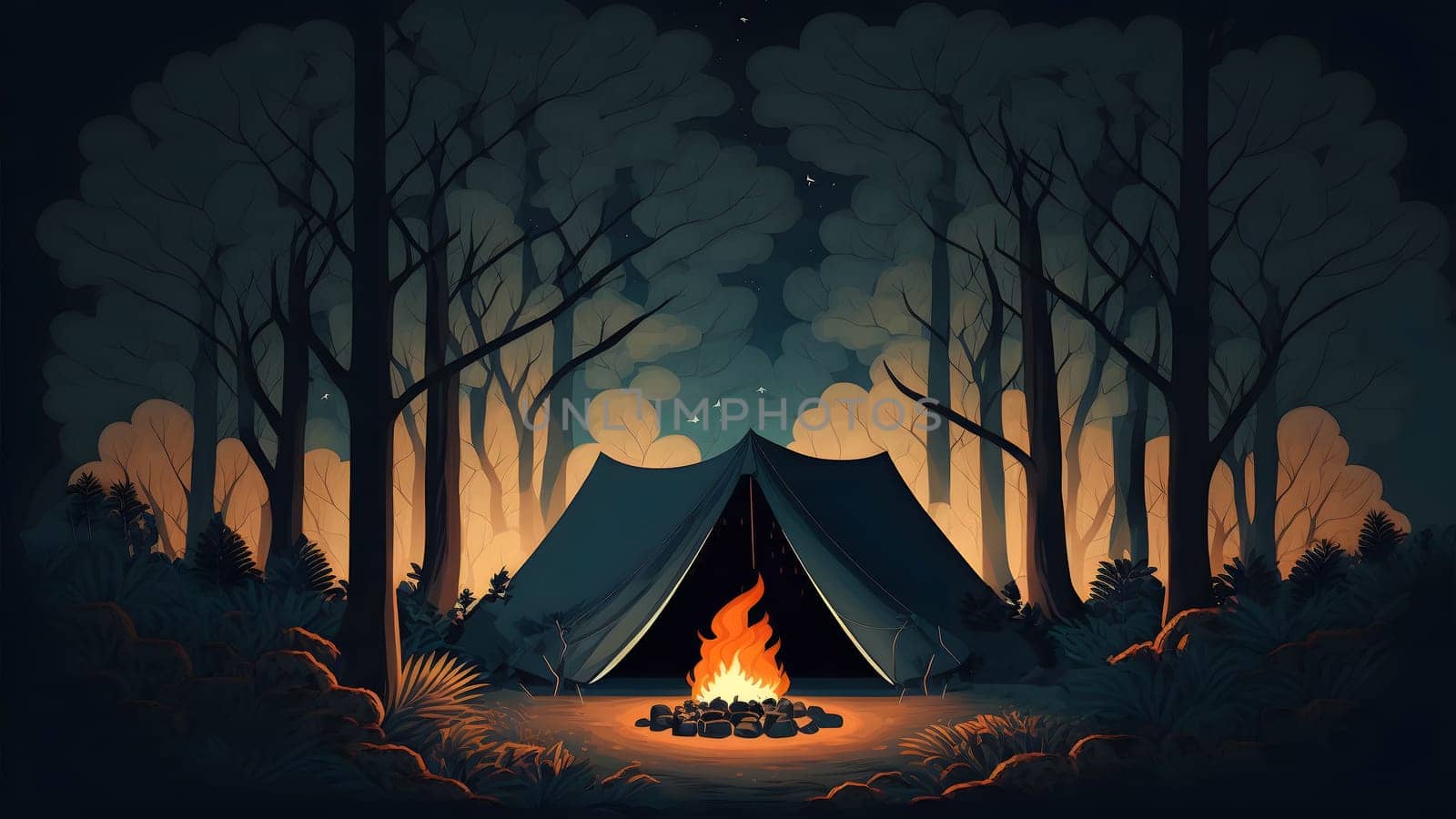 campfire is burning in front of tourist tent in night forest, neural network generated art. Digitally generated image. Not based on any actual person, scene or pattern.