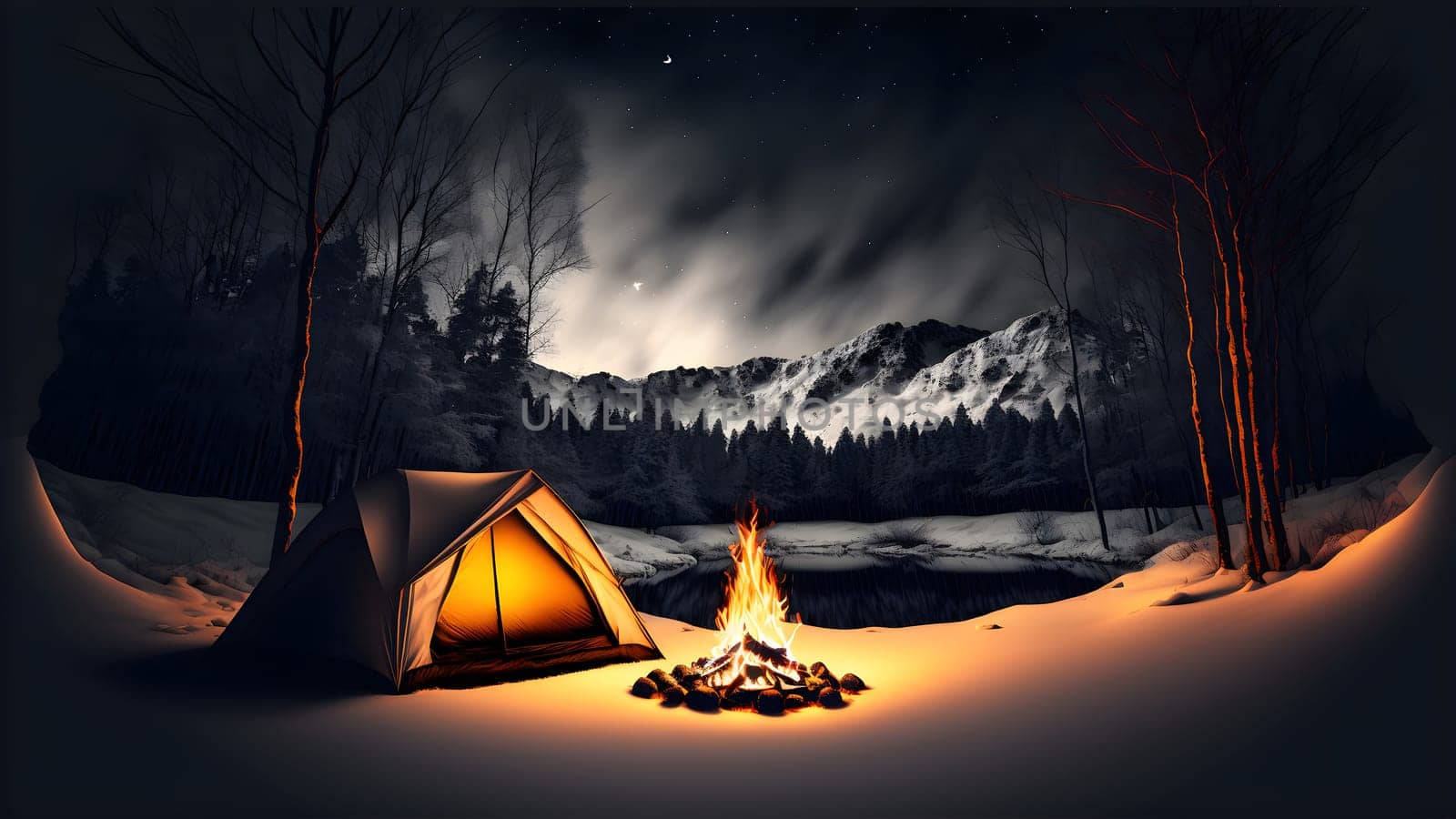 campfire is burning in front of tourist tent in night forest, neural network generated art. Digitally generated image. Not based on any actual person, scene or pattern.