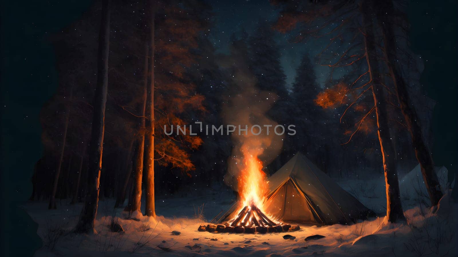 campfire is burning in front of tourist tent in night forest, neural network generated art. Digitally generated image. Not based on any actual person, scene or pattern.