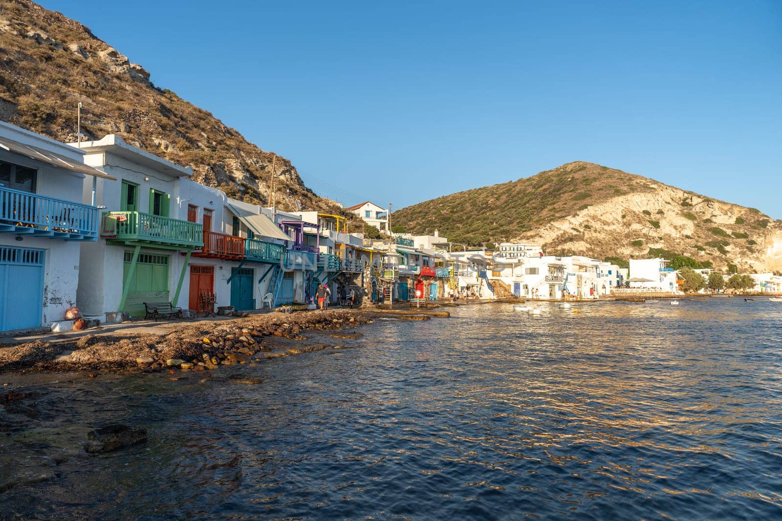 Panoramic view of Klima, Milos, at sunset