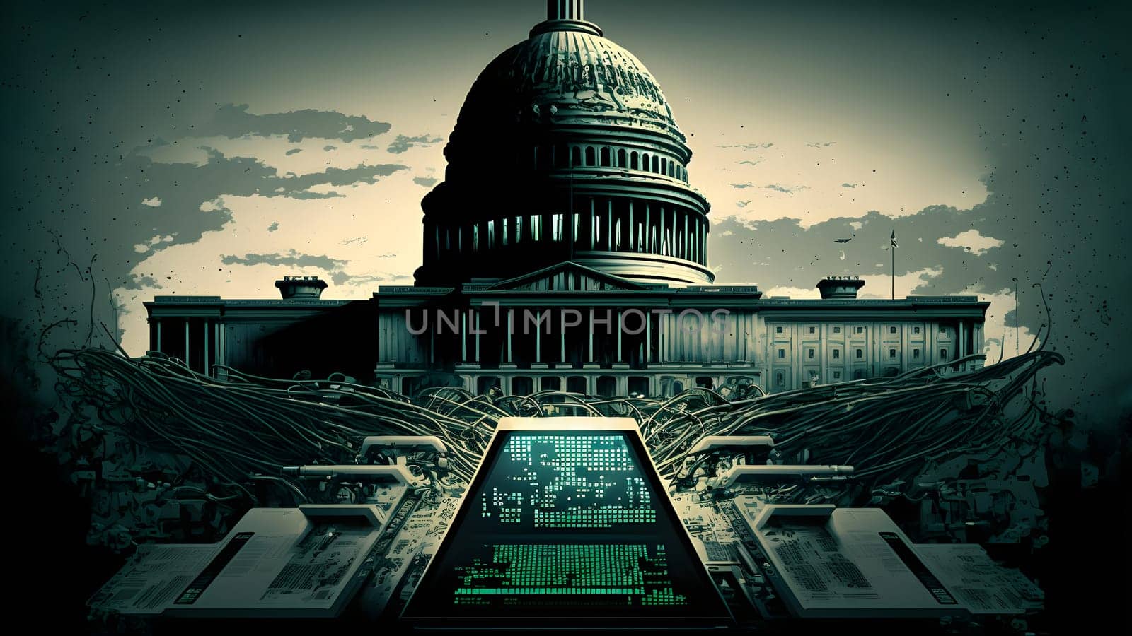 cyber government concept, neural network generated art. Digitally generated image. Not based on any actual person, scene or pattern.