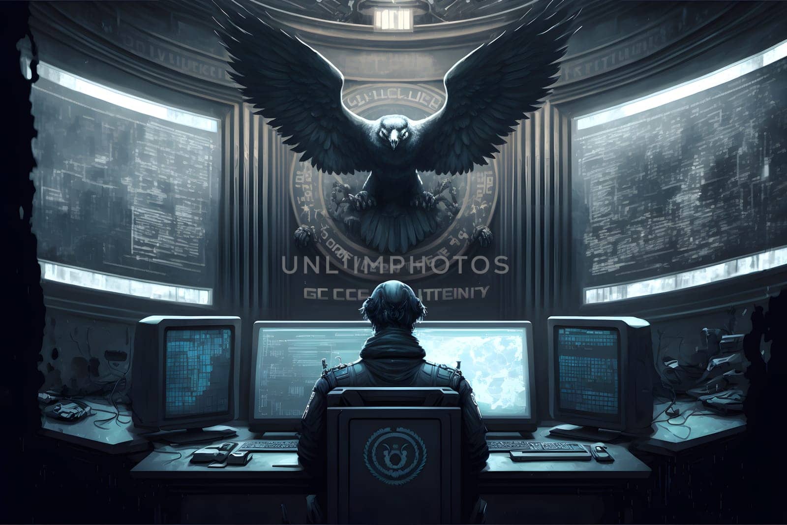 cyber government concept, neural network generated art. Digitally generated image. Not based on any actual person, scene or pattern.
