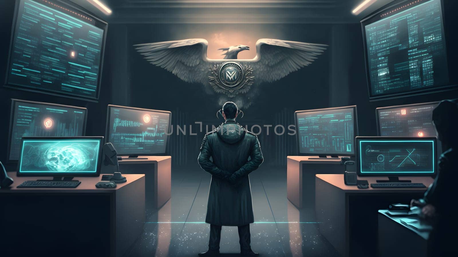 cyber government concept, neural network generated art. Digitally generated image. Not based on any actual person, scene or pattern.