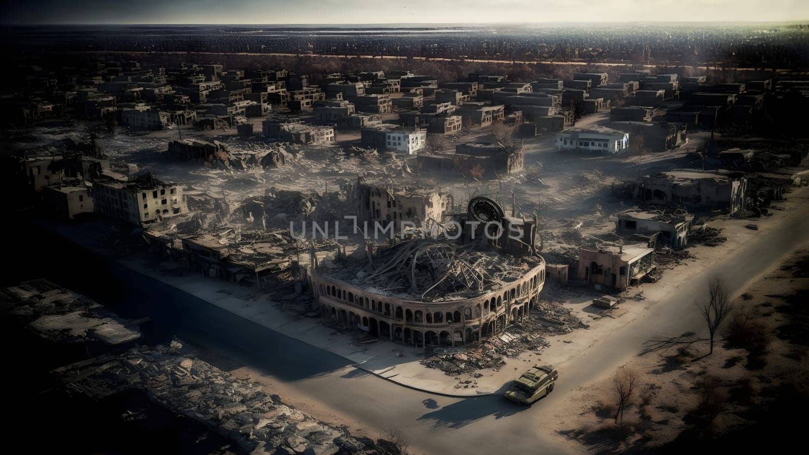 city after carpet bombing, aerial view, neural network generated art. Digitally generated image. Not based on any actual person, scene or pattern.