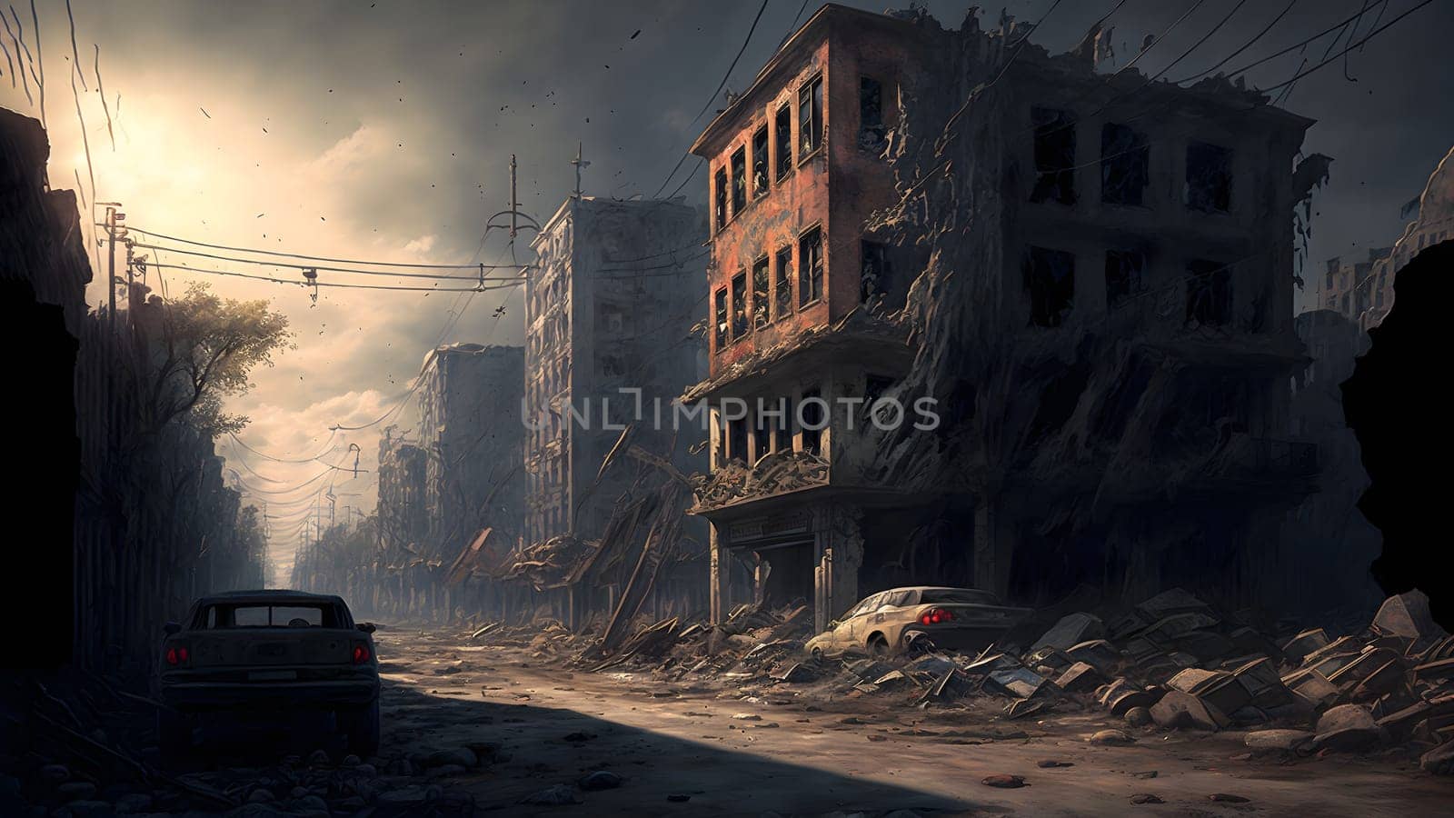 city after longterm war, ground level view, neural network generated art. Digitally generated image. Not based on any actual person, scene or pattern.