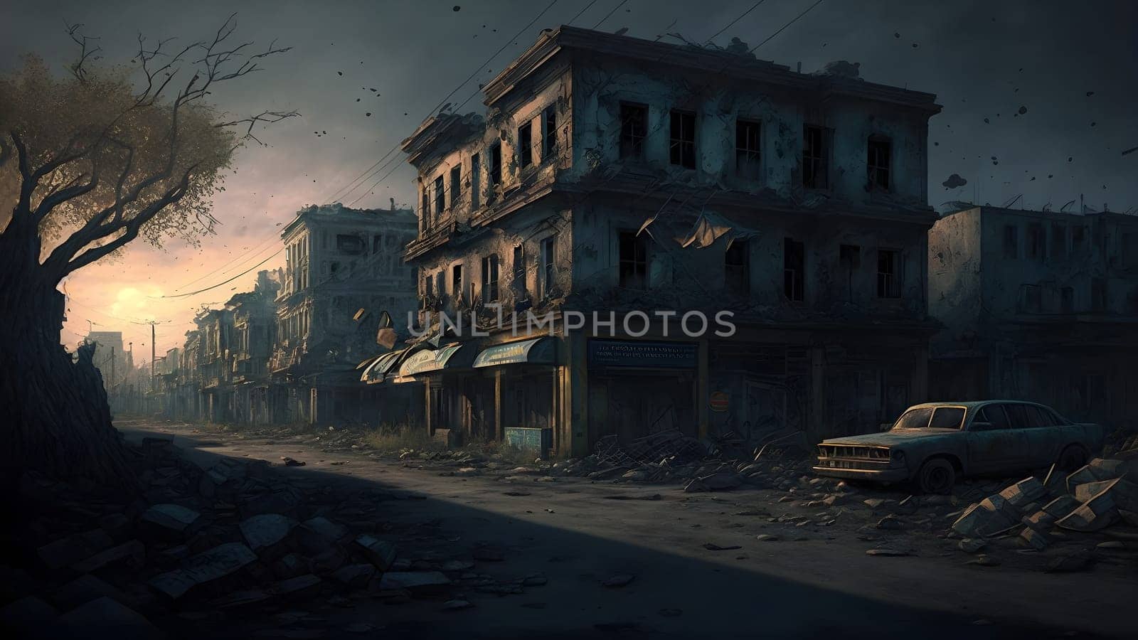 city after longterm war, ground level view, neural network generated art. Digitally generated image. Not based on any actual person, scene or pattern.