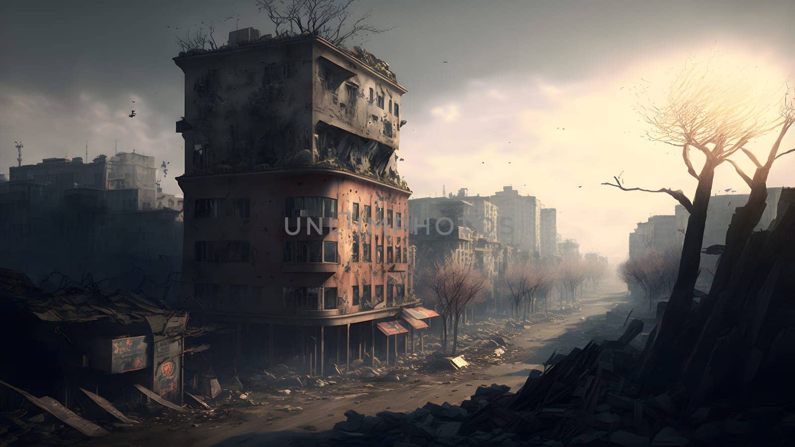 city after longterm war, ground level view, neural network generated art. Digitally generated image. Not based on any actual person, scene or pattern.