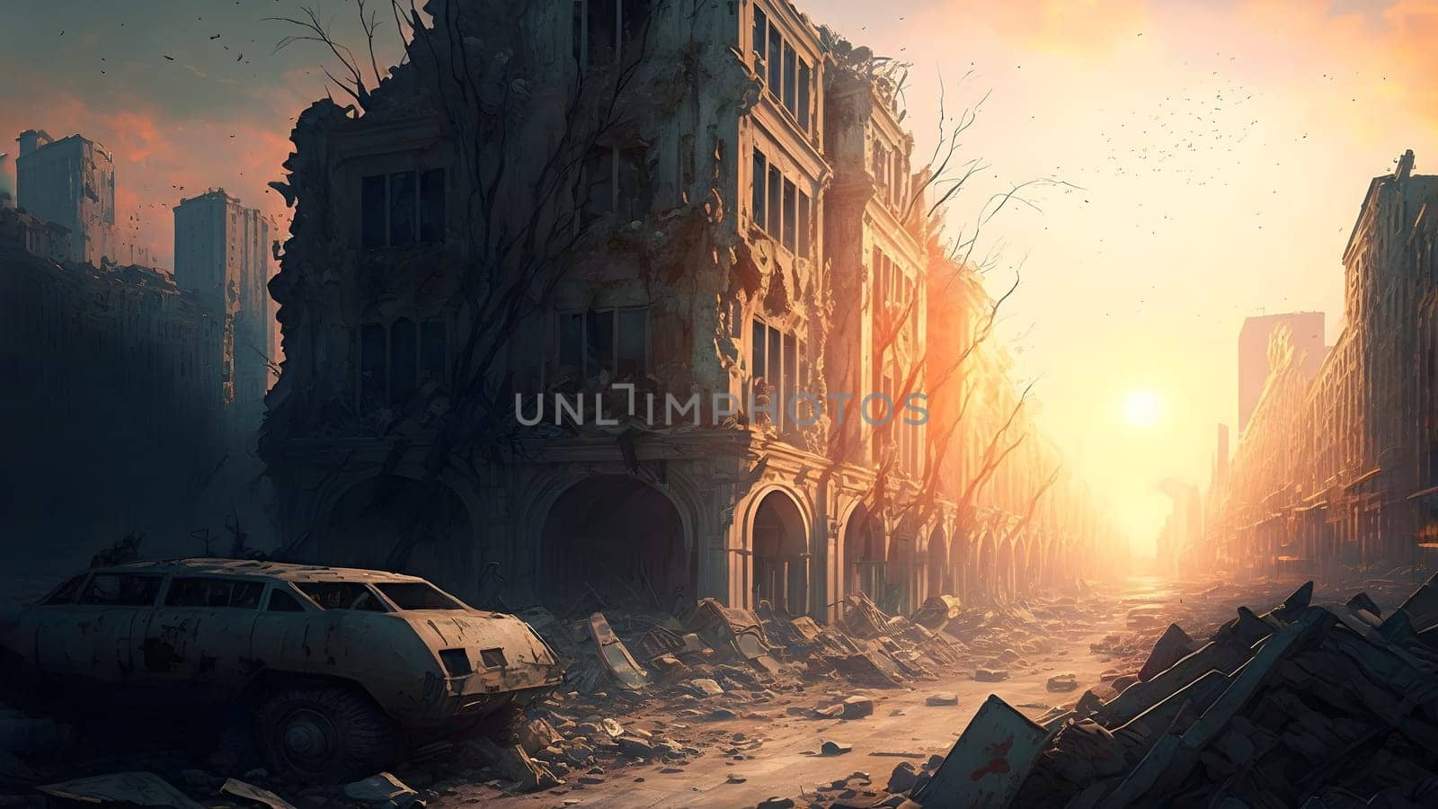city after longterm war, ground level view, neural network generated art. Digitally generated image. Not based on any actual person, scene or pattern.