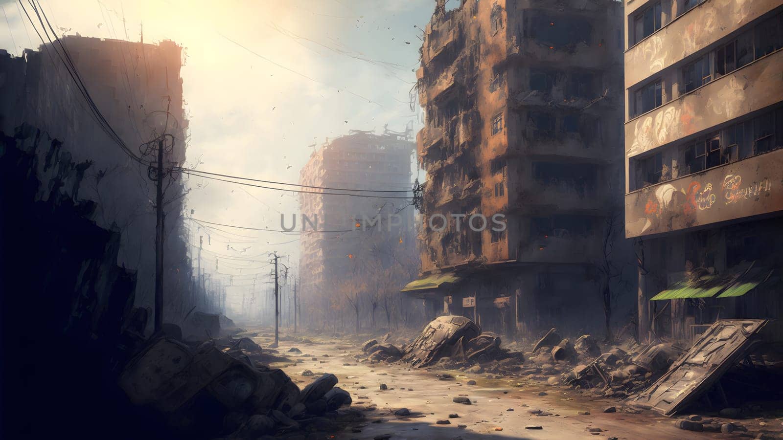 city after longterm war, ground level view, neural network generated art. Digitally generated image. Not based on any actual person, scene or pattern.