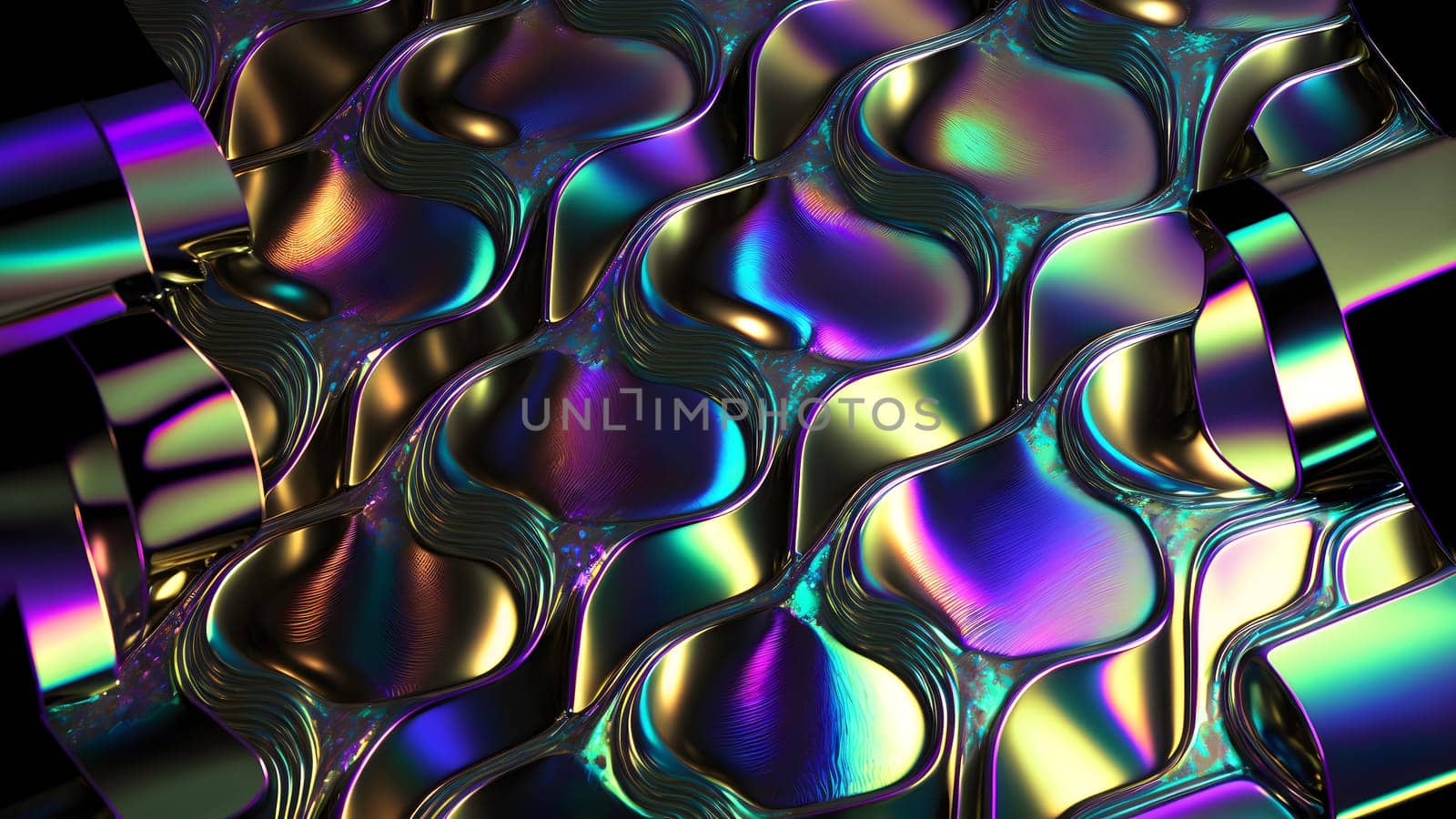 texture and abstract full-frame background of iridescent metal, neural network generated art. Digitally generated image. Not based on any actual scene or pattern.