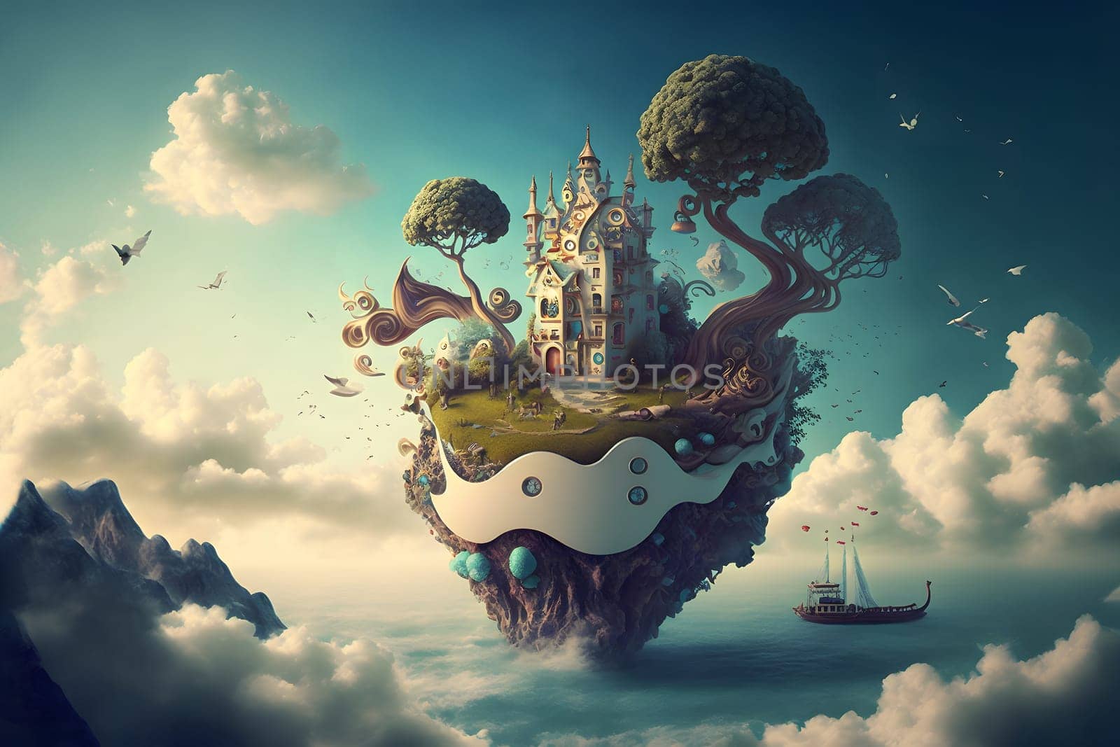 surreal dreamscape with floating island with castle and trees, neural network generated art. Digitally generated image. Not based on any actual person, scene or pattern.