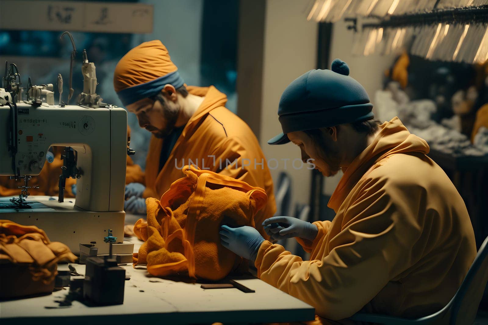 dystopian factory workers creating fashion items, neural network generated art. Digitally generated image. Not based on any actual person, scene or pattern.