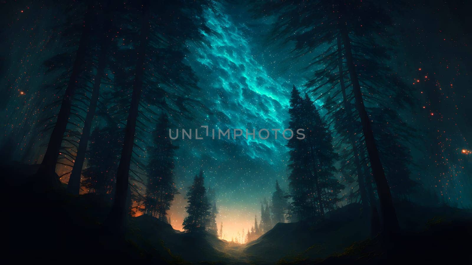 fantastic summer night forest with stars and nebulas, neural network generated art. Digitally generated image. Not based on any actual person, scene or pattern.